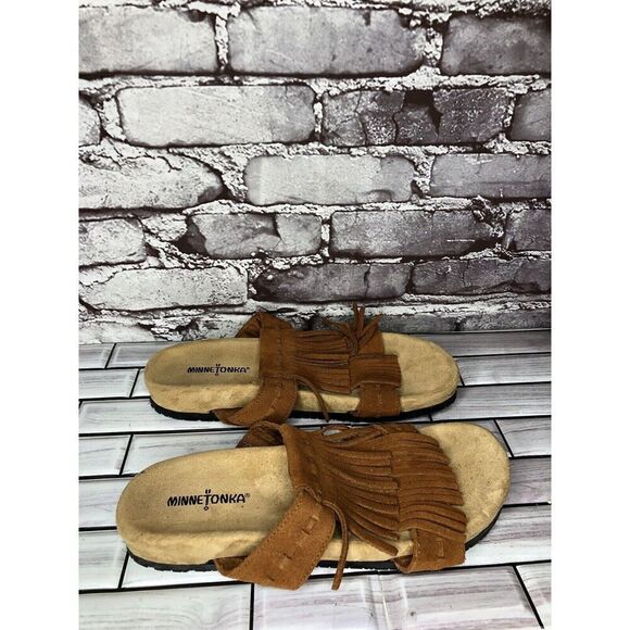 MINNETONKA Daisy Brown Fringe Suede Leather Slides Sandals Women Sz 10M US/41EU - Picture 4 of 16
